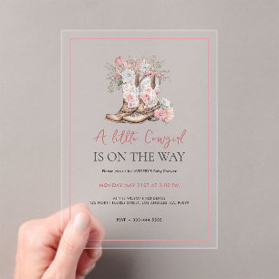 Invitations En Acrylique Bottes de cowgirl florales roses et douche de verd