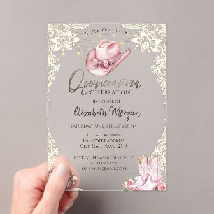 Invitations En Acrylique Bottes de cowgirl rustiques, chapeau de Quinceañer
