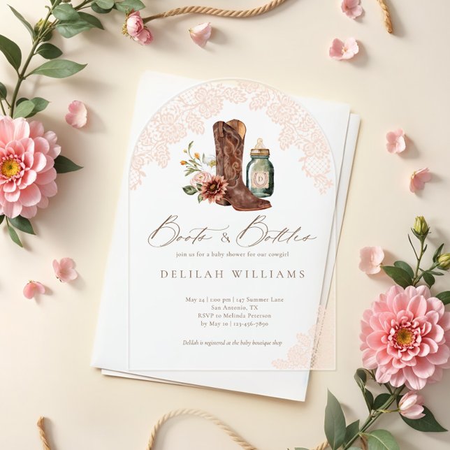 Invitations En Acrylique Bottes et bouteilles Cowgirl Western Baby shower A (Boots & Bottles Cowgirl Western Baby Shower Arch Acrylic Invitations)
