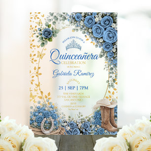 Invitations En Acrylique Bottes occidentales Roses bleues Quinceañera dorée