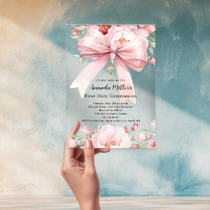 Invitations En Acrylique Boucles d'arc rose fille Première communion clair