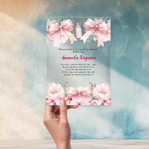 Invitations En Acrylique Boucles roses flores fille bouteille Baby shower c