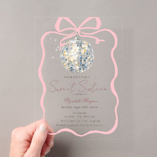 Invitations En Acrylique Boule de disco Rétro Ruban Rose Rayures Douce 16