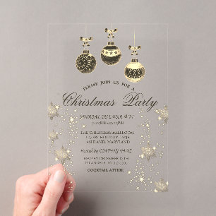 Invitations En Acrylique Boules de Noël vintage, entreprise rouge flocons d