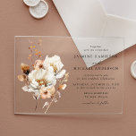 Invitations En Acrylique Bouquet de fleurs automnales rustique pour mariage<br><div class="desc">Célébrez la beauté de l'automne avec notre invitation de mariage Florale d'Automne Rustique, mettant en vedette un bouquet luxuriant de fleurs et de feuillage à l'aquarelle dans des tons chauds d'ivoire, de crème, de brun et de rouille-orange. Placée sur un fond en acrylique givré ou transparent, cette invitation capture l'essence...</div>