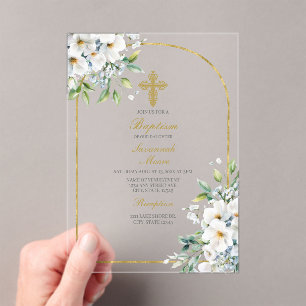 Invitations En Acrylique Bouquet de fleurs blanches Baptême