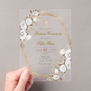 Invitations En Acrylique Bouquet de fleurs blanches première communion en e