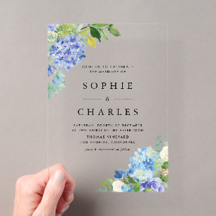 Invitations En Acrylique Bouquet de fleurs d'hortensia bleu à l'aquarelle M