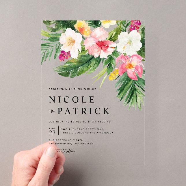 Invitations En Acrylique Bouquet de fleurs tropicales à l'aquarelle Mariage (In situ (ordinateur de poche))