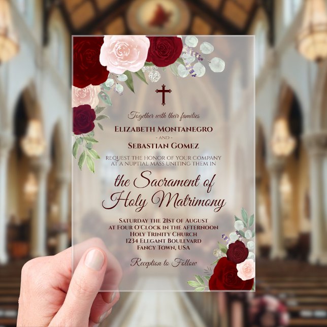 Invitations En Acrylique Bourgogne & Blush Roses Élégant Mariage catholique (Frosted Acrylic with Rectangle Cut)