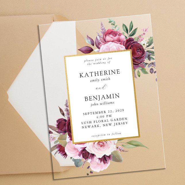 Invitations En Acrylique Bourgogne et rose Elégant Mariage floral (Créateur téléchargé)