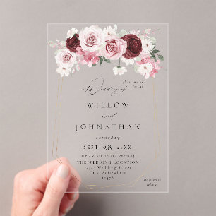 Invitations En Acrylique Bourgogne et rose pâle 6 Ele Mariage floral