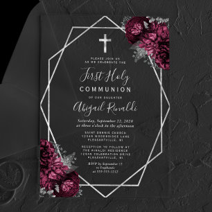 Invitations En Acrylique Bourgogne Floral Argent Texte Première Sainte Comm