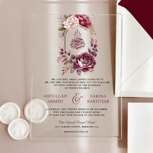 Invitations En Acrylique Bourgogne Floral Crest Mariage musulman