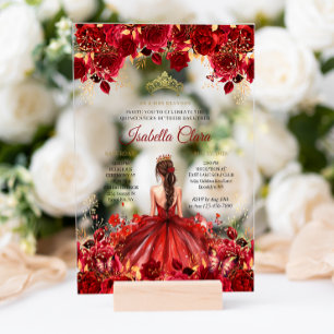 Invitations En Acrylique Bourgogne Floral Princess Gold Quinceanera