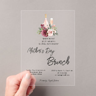 Invitations En Acrylique Bourgogne Floral Vin Fête des Mères Brunch