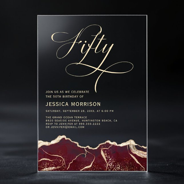 Invitations En Acrylique Bourgogne Gold Agate 50e Cinquante Anniversaire (Créateur téléchargé)