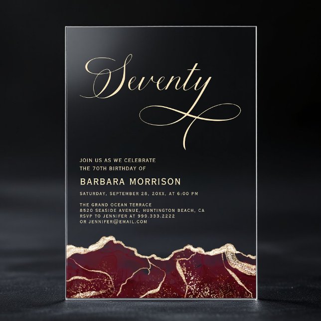 Invitations En Acrylique Bourgogne Gold Agate 70e Soixante-dix fête d'anniv (Créateur téléchargé)
