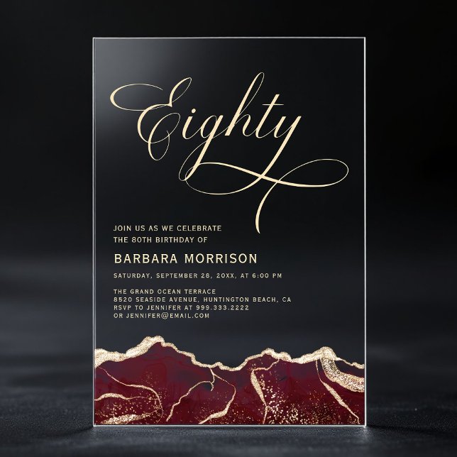 Invitations En Acrylique Bourgogne Gold Agate 80e Soirée Anniversaire (Créateur téléchargé)