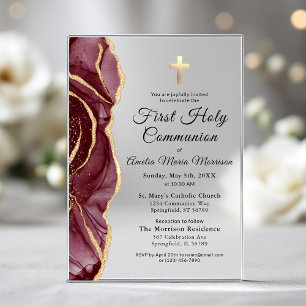 Invitations En Acrylique Bourgogne Gold Agate First Holy Communion Girl