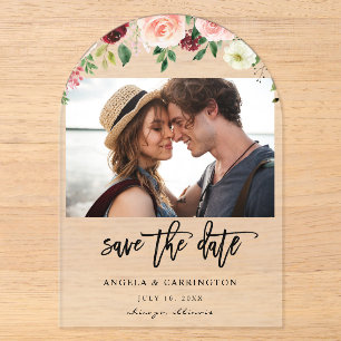 Invitations En Acrylique Bourgogne & Rose Blush 4 Fleurs Photo Carte de Pré