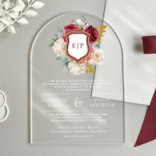 Invitations En Acrylique Bourgogne Rouge Floral Couronne Monogramme Mariage