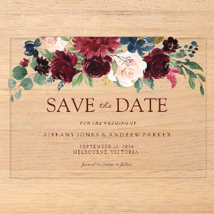 Invitations En Acrylique Bourgogne Rouge Vin Floral Enregistrer la date