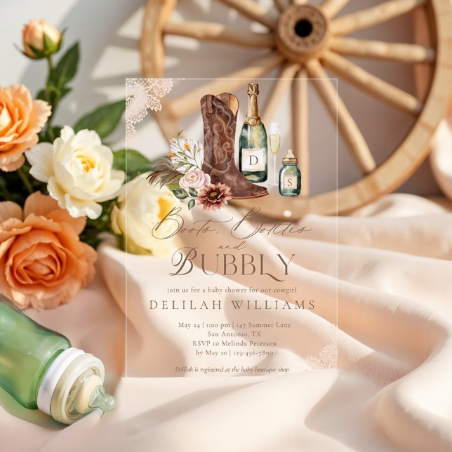 Invitations En Acrylique Bouteilles Bouteilles & Bubbly Pays Baby shower de (Boots Bottles & Bubbly Country Western Baby Shower Acrylic Invitations)
