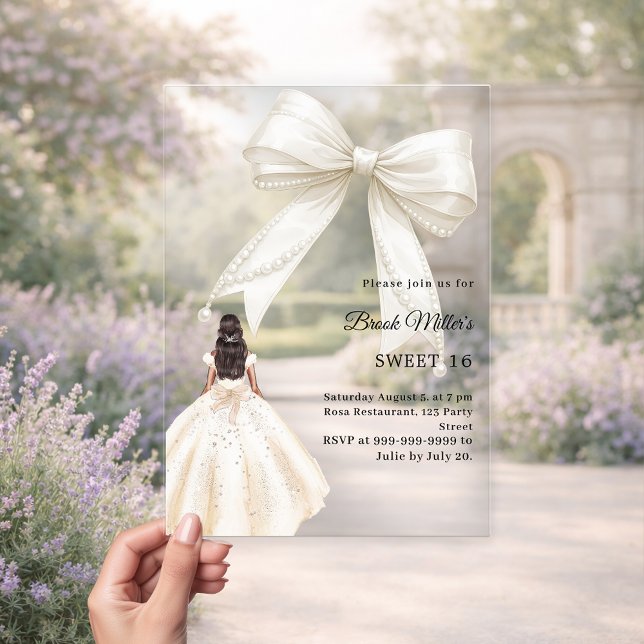 Invitations En Acrylique Bow ivory dress cream clear luxury Sweet 16 (Créateur téléchargé)