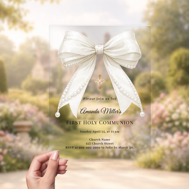 Invitations En Acrylique Bow ivory pearls girl elegant First Communion (Créateur téléchargé)