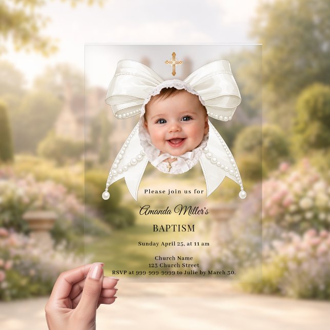 Invitations En Acrylique Bow Ivory Pearls Photo Girl luxury Baptism (Créateur téléchargé)