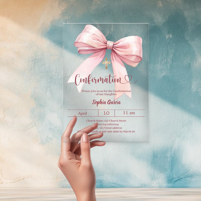 Invitations En Acrylique Bow pink girl elegant clear luxury Confirmation (Créateur téléchargé)