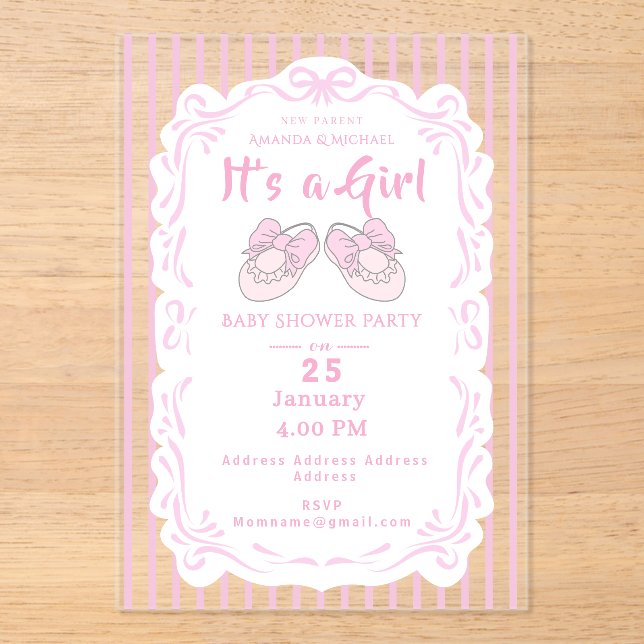 Invitations En Acrylique Bow Ribbon C'est une fille Baby Chaussure rose Inv (Recto)