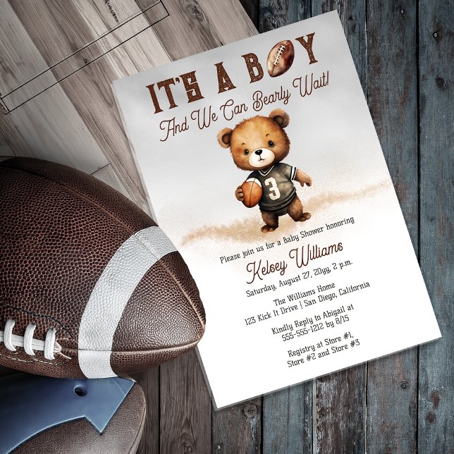 Invitations En Acrylique Boy Bearly Wait Baby shower de football américain ("It's A Boy And We Can Bearly Wait!" Teddy Bear Football Theme Boy Baby Shower Acrylic Invitation)