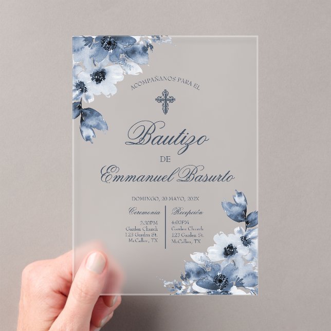 Invitations En Acrylique Boys blue baptism with cross  (In situ (ordinateur de poche))