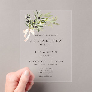 Invitations En Acrylique Branche d'olivier aquarelle mariage élégant minima