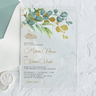 Invitations En Acrylique Branche dorée de eucalyptus rustique pour mariage 