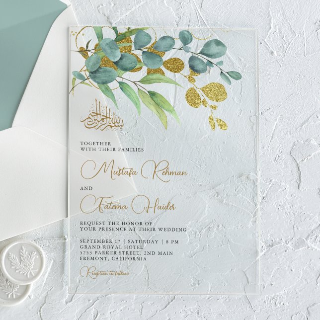 Invitations En Acrylique Branche dorée de eucalyptus rustique pour mariage  (Créateur téléchargé)