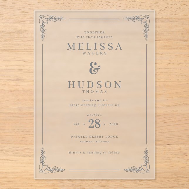 Invitations En Acrylique Branches feuillues grises élégantes (Recto)