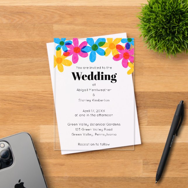 Invitations En Acrylique Bright and Bold Hippie Flowers Spring Wedding (Insitu (Carte d'invitation))