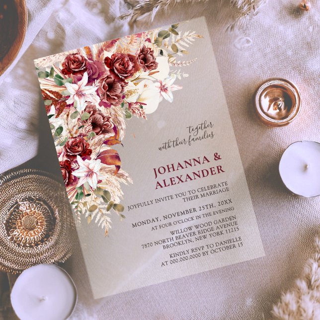Invitations En Acrylique Bright Bold Burgundy & Terracotta Boho Wedding (Créateur téléchargé)