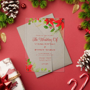 Invitations En Acrylique Bright Red Christmas Poinsettia Floral Mariage