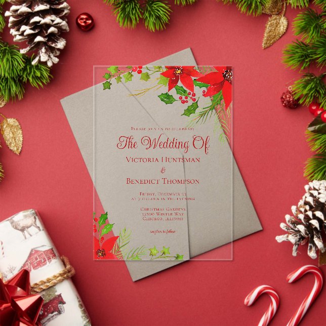 Invitations En Acrylique Bright Red Christmas Poinsettia Floral Mariage (Insitu (vacances))