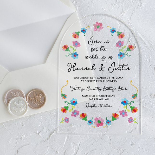 Invitations En Acrylique Broderie mexicaine Fiesta Floral Mariage (Créateur téléchargé)