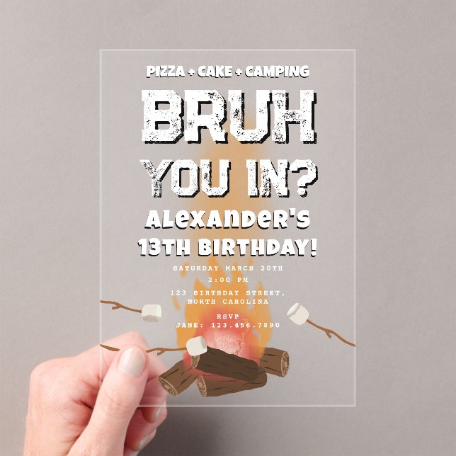 Invitations En Acrylique Bruh Boy Birthday Party Teenager Campfire Camping (In situ (ordinateur de poche))