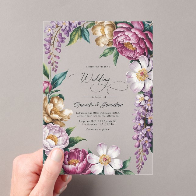 Invitations En Acrylique Brume mauve, or champagne et fleurs blanches pour  (In situ (ordinateur de poche))