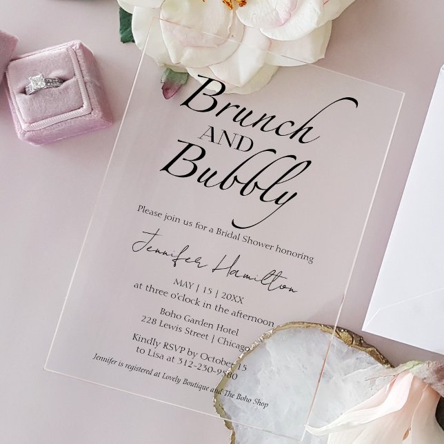 Invitations En Acrylique Brunch et Bubbly | Fête des mariées noire et blanc (Créateur téléchargé)