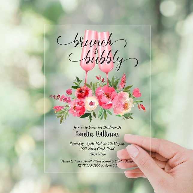 Invitations En Acrylique Brunch et Bubbly Shower de Mariage Floral (Brunch and Bubby flowers and champagne flutes bridal shower clear or frosted acrylic invitations)