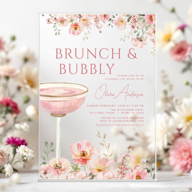Invitations En Acrylique Brunch floral et Fête des mariées champagne Bubbly (Créateur téléchargé)