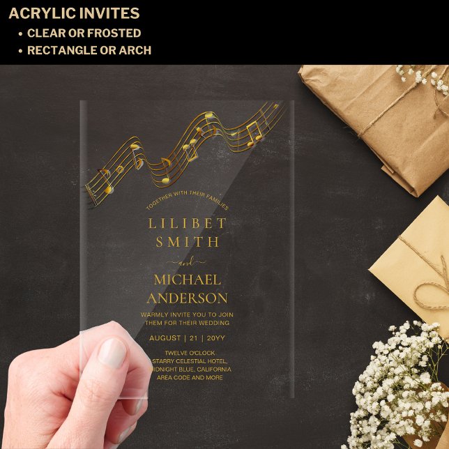 Invitations En Acrylique BUDGET Acrylique Mariage NOTES DE MUSIQUE Or Texte (Créateur téléchargé)